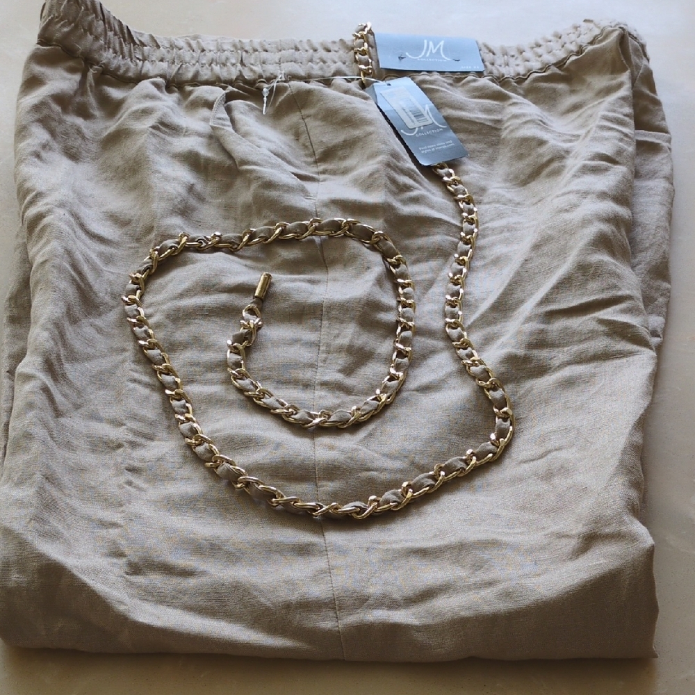 JM Collection Beige Pants with Gold Chain Accent